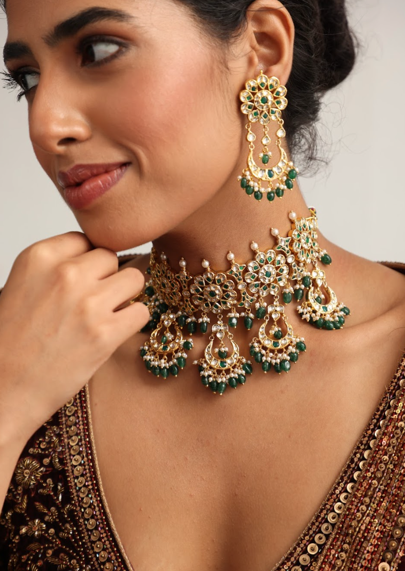 925 Silver Bavara Savar Polki Choker Necklace Set - Amrrutam