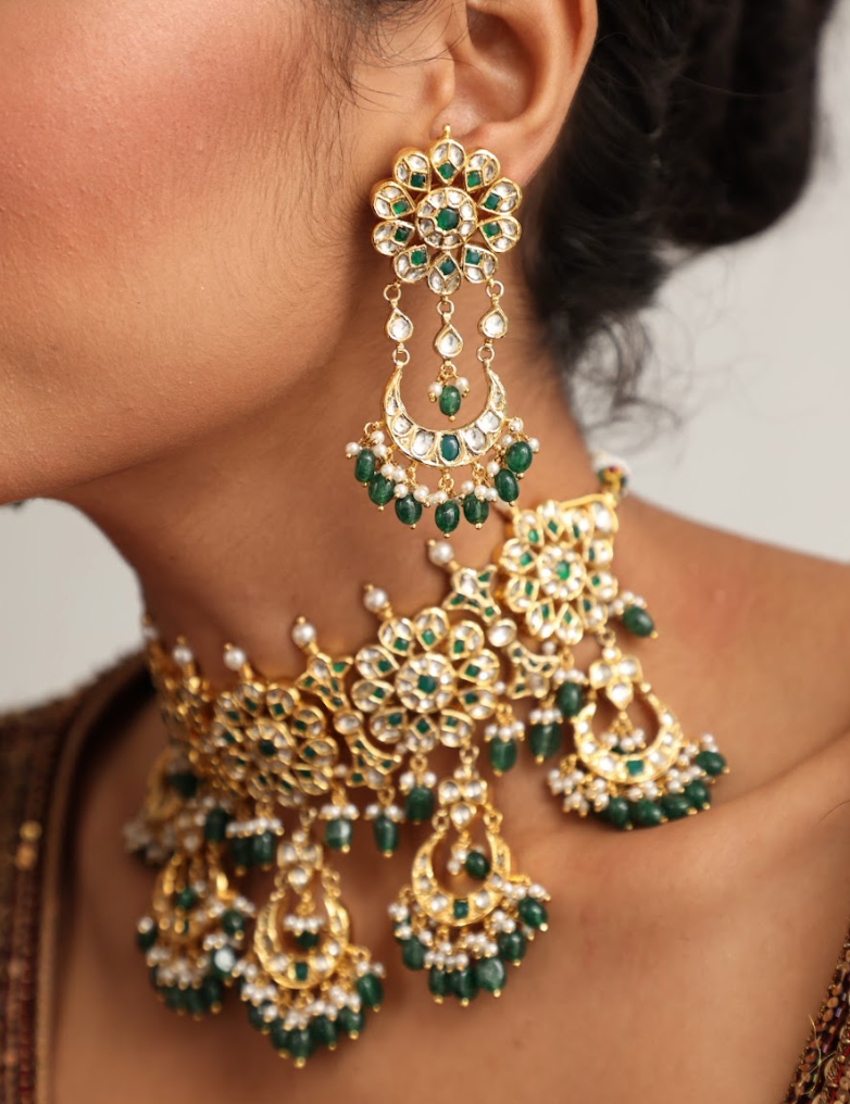 925 Silver Bavara Savar Polki Choker Necklace Set - Amrrutam