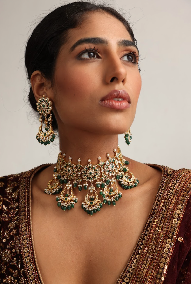 925 Silver Bavara Savar Polki Choker Necklace Set - Amrrutam