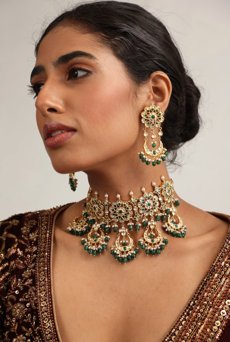 925 Silver Bavara Savar Polki Choker Necklace Set - Amrrutam