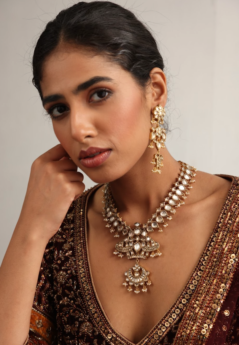 925 Silver Bavara Gazhal Polki Necklace Set - Amrrutam
