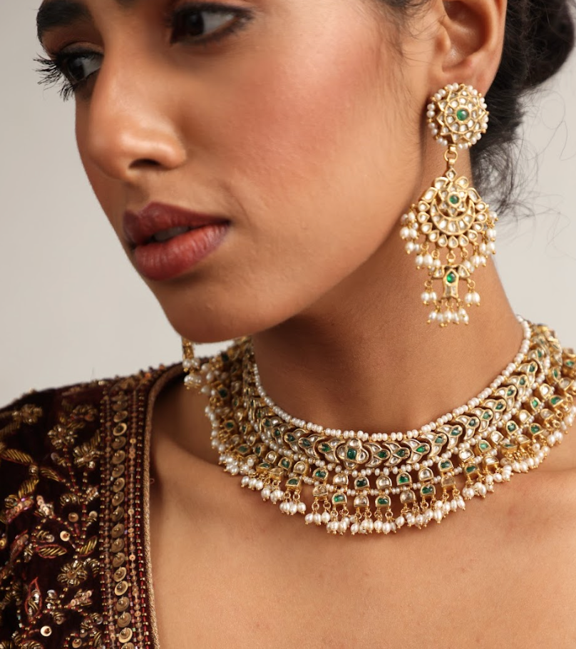 925 Silver Bavara Vaidehi Polki Choker Necklace Set - Amrrutam