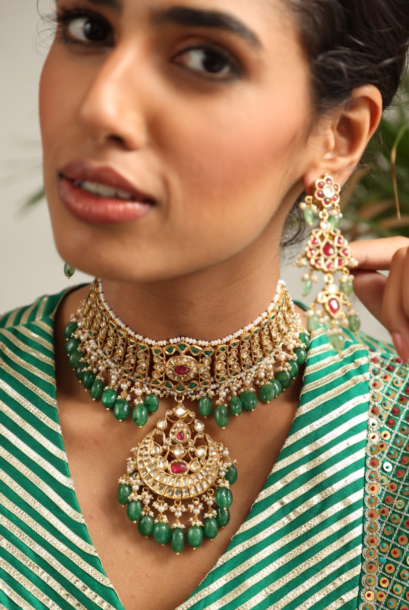 925 Silver Bavara Devrani Polki Necklace Set - Amrrutam