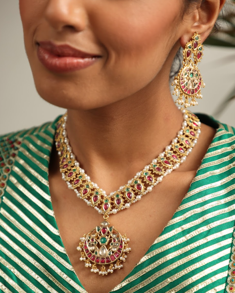 925 Silver Bavara Viranisa Polki Necklace Set - Amrrutam