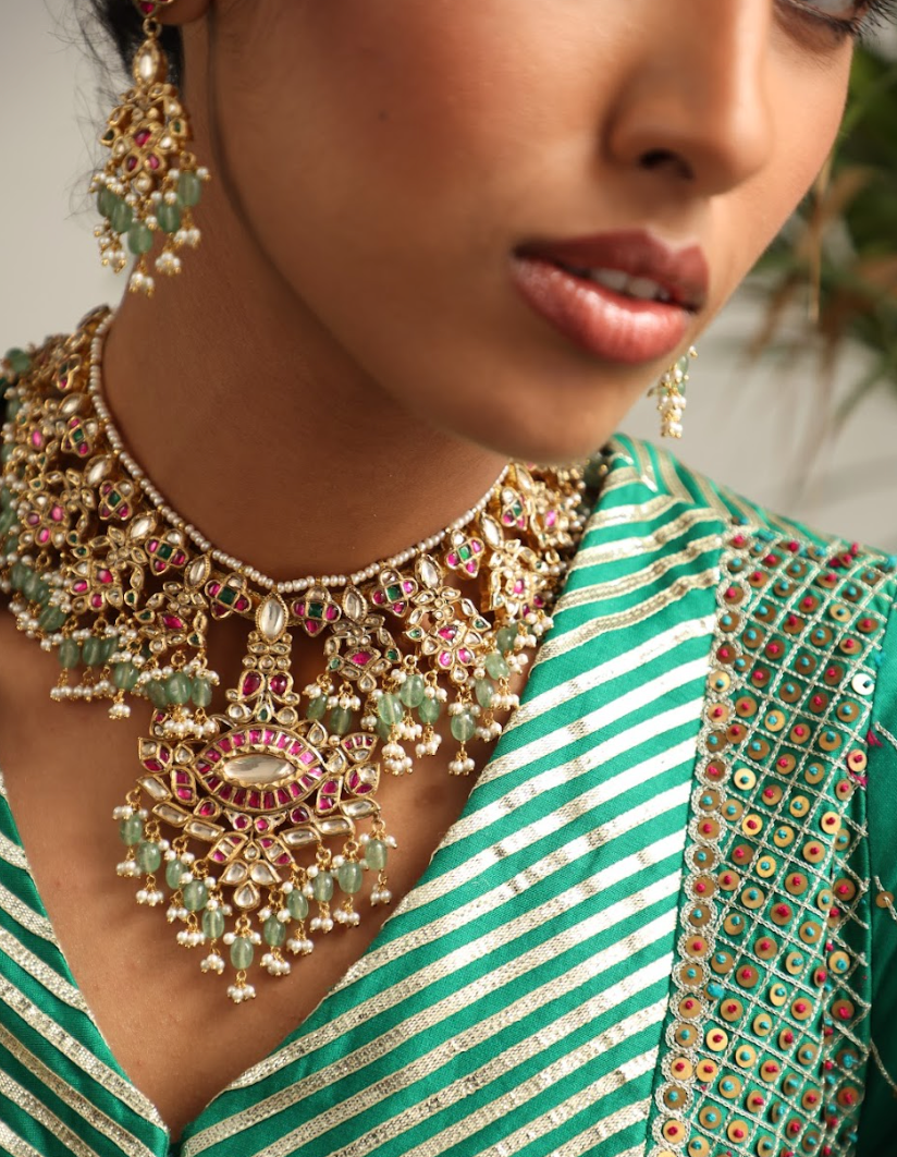 925 Silver Bavara Sanaya Polki Necklace Set - Amrrutam
