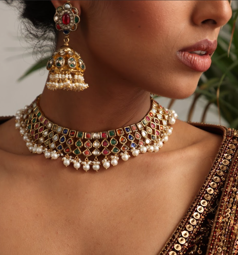 925 Silver Bavara Ziya Navratan Necklace Set - Amrrutam