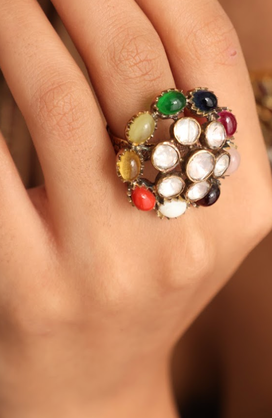 925 Silver Bavara Ziya Navratan Ring - Amrrutam