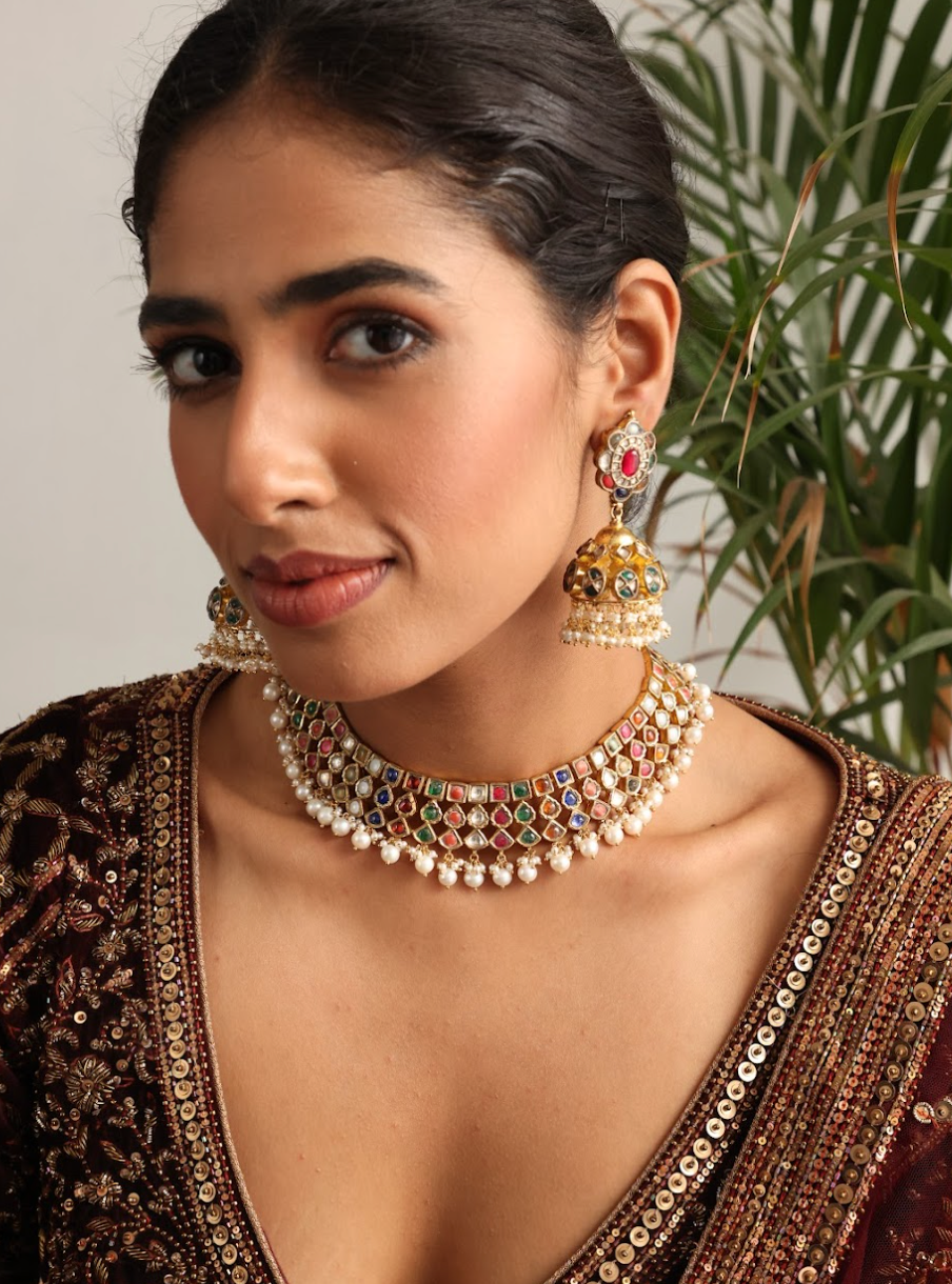 925 Silver Bavara Ziya Navratan Necklace Set - Amrrutam