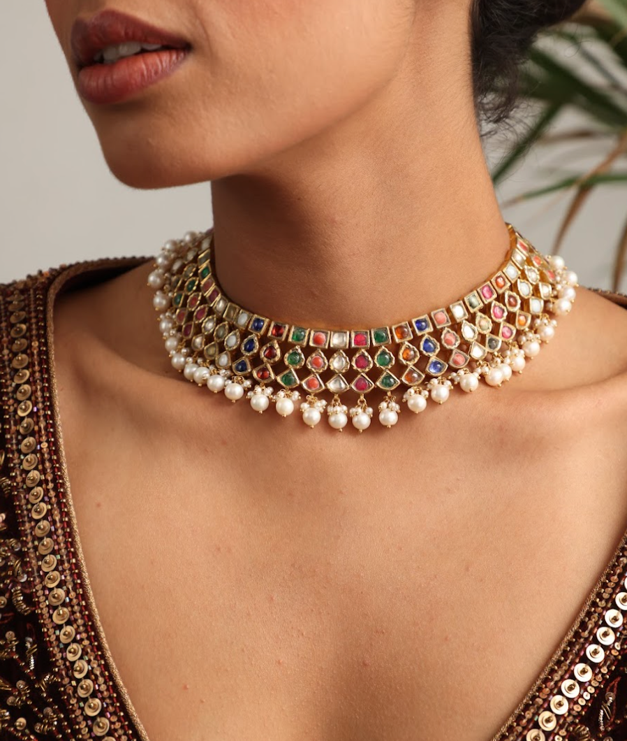 925 Silver Bavara Ziya Navratan Necklace Set - Amrrutam
