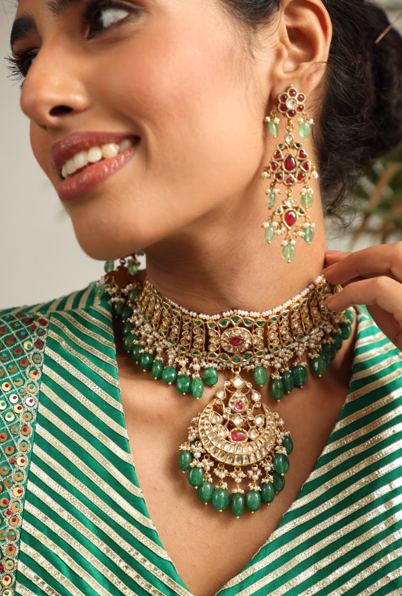 925 Silver Bavara Devrani Polki Necklace Set - Amrrutam