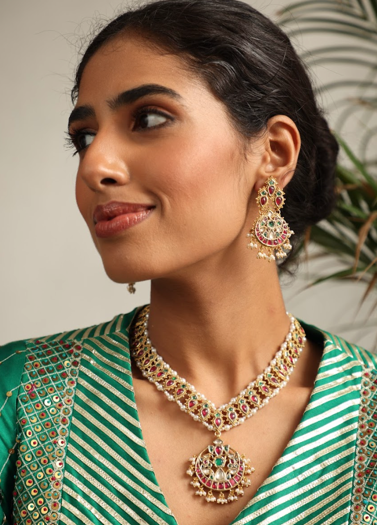925 Silver Bavara Viranisa Polki Necklace Set - Amrrutam