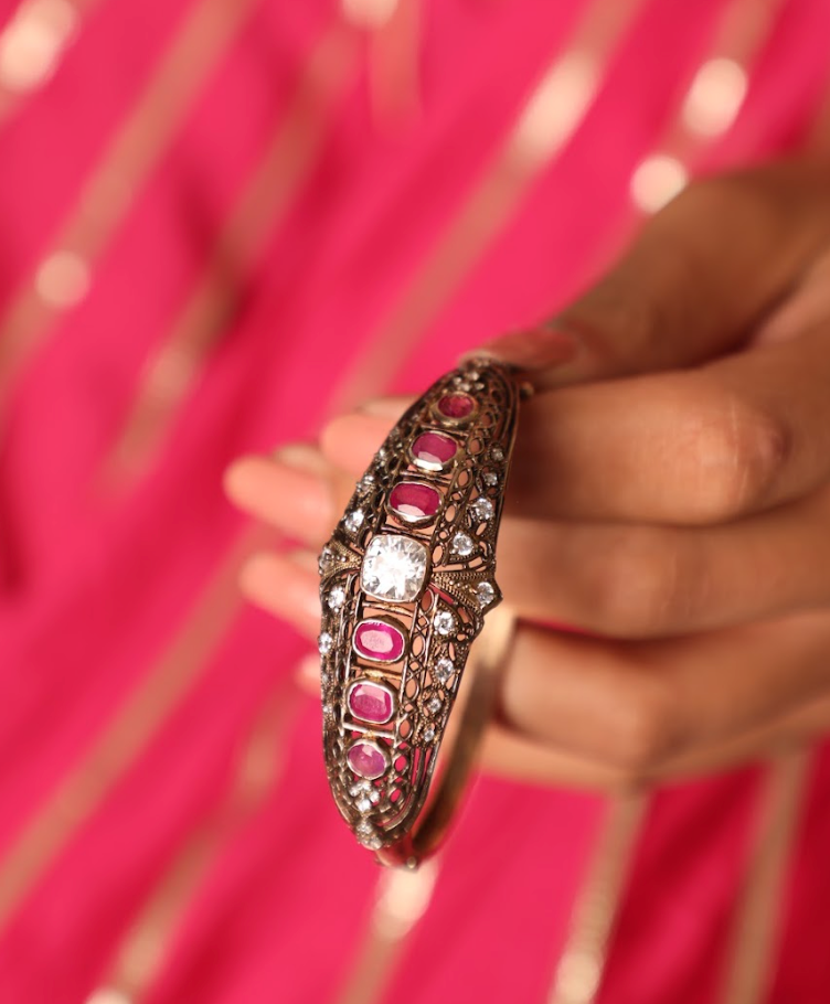 925 Silver Bavara Victorian Ruby Bangle - Amrrutam
