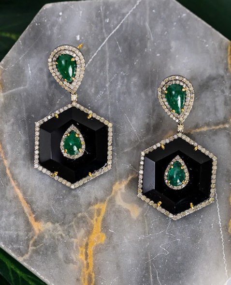 925 Silver Averie Black Onyx and Emerald Earring - Amrrutam