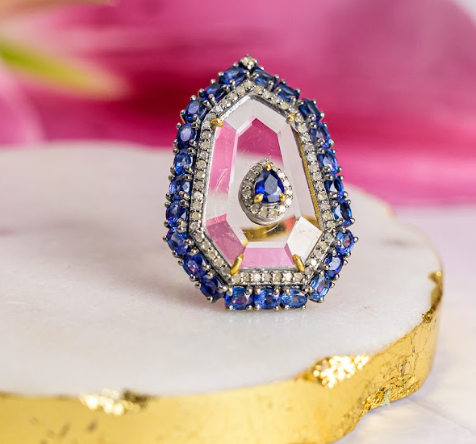 925 Silver Blue Sapphire Crystal Diamond Cocktail Ring - Amrrutam
