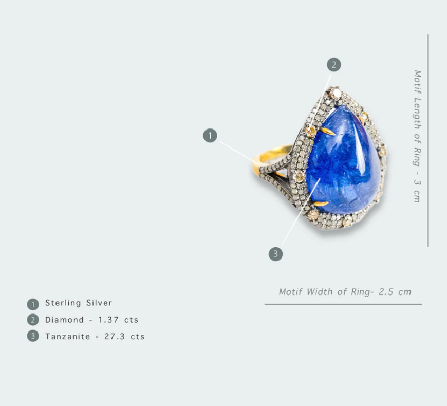 925 Silver Gaza Tanzanite and Diamond Cocktail Ring - Amrrutam
