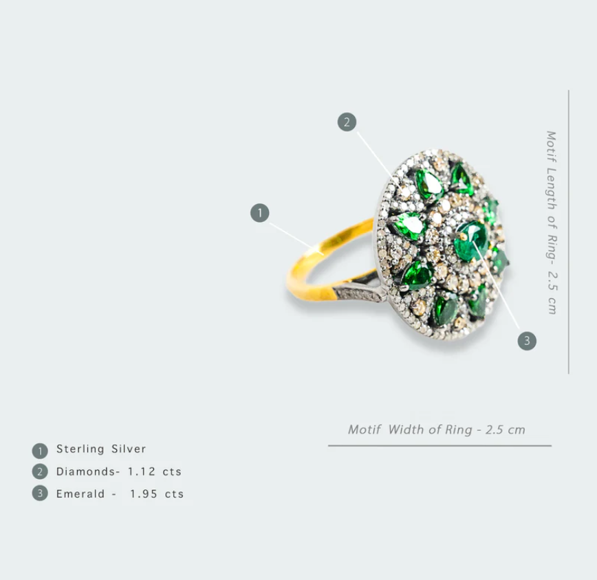 925 Silver Moira Emerald And Diamond Cocktail Ring - Amrrutam