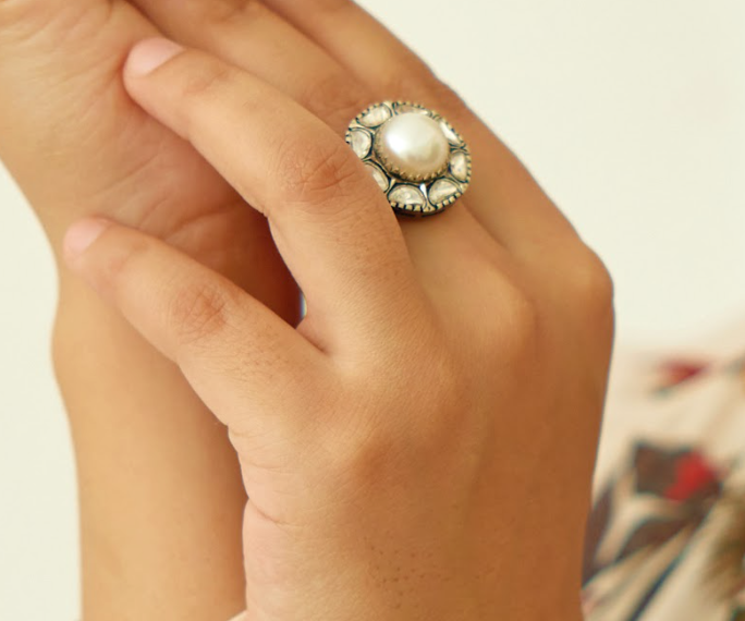 925 Silver Ray Pearl Uncut Diamond Ring - Amrrutam