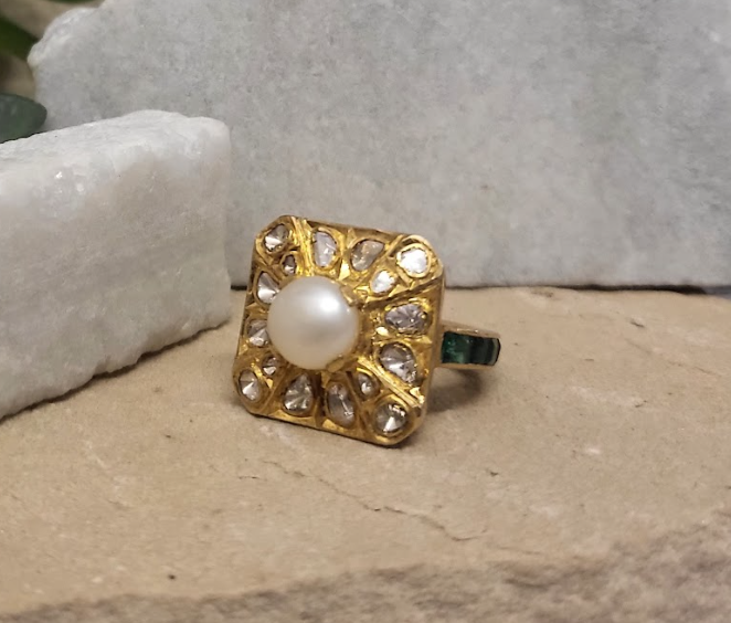925 Silver Marie Pearl Uncut Diamond Ring - Amrrutam