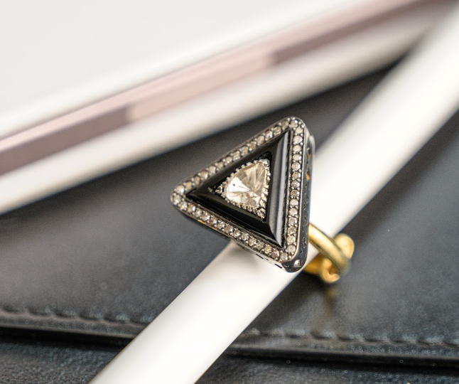 925 Silver Black Onyx Uncut Diamond Ring - Amrrutam