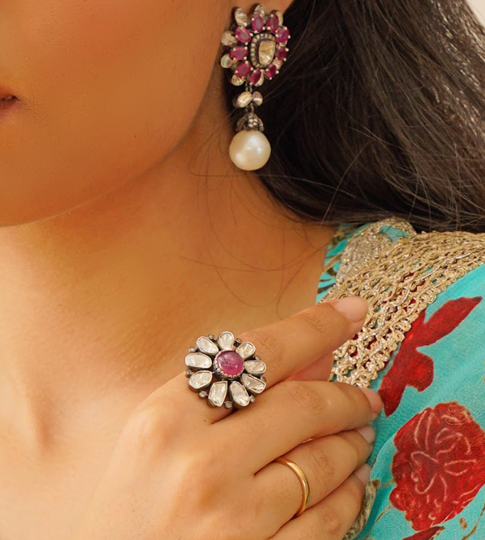 925 Silver Amaira Ruby Uncut Diamond Ring - Amrrutam