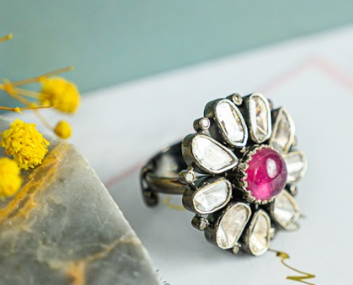 925 Silver Amaira Ruby Uncut Diamond Ring - Amrrutam
