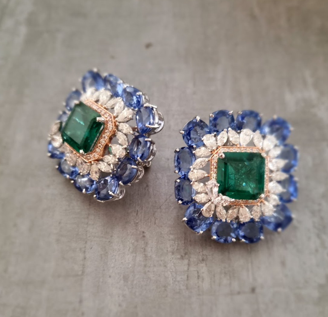 925 Silver Vizag Emerald And Tanzanite Stud Earrings - Amrrutam Jewellery