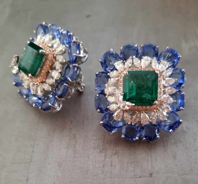 925 Silver Vizag Emerald And Tanzanite Stud Earrings - Amrrutam Jewellery