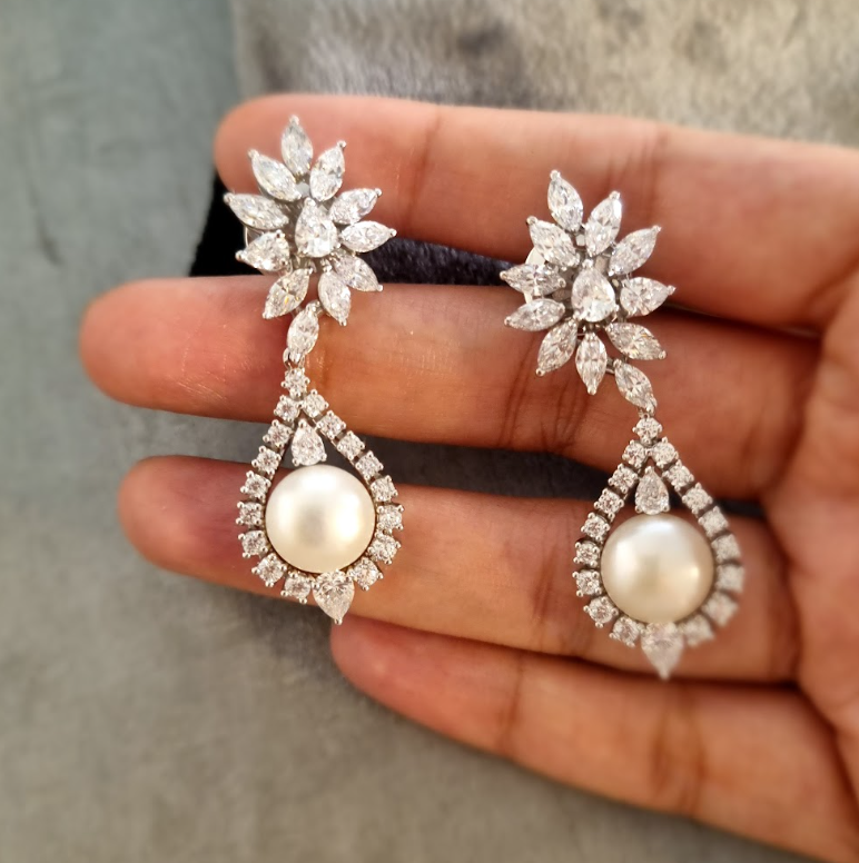 925 Silver Pamona Pearl CZ Earrings - Amrrutam Jewellery