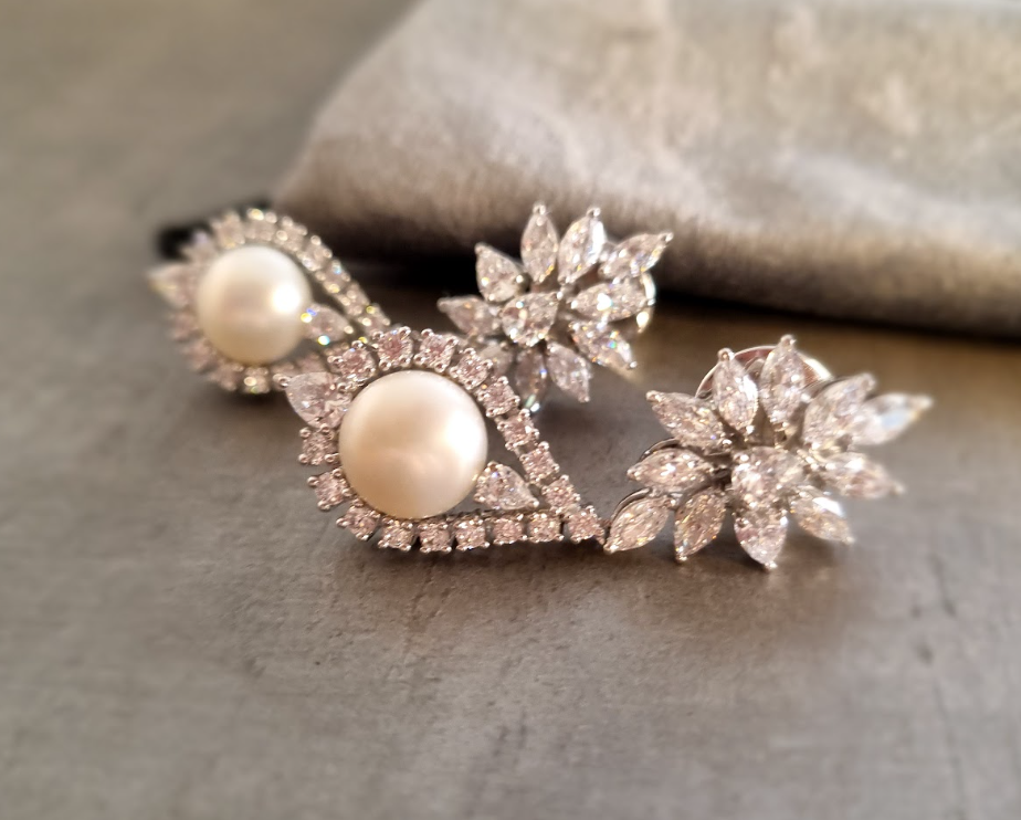 925 Silver Pamona Pearl CZ Earrings - Amrrutam Jewellery