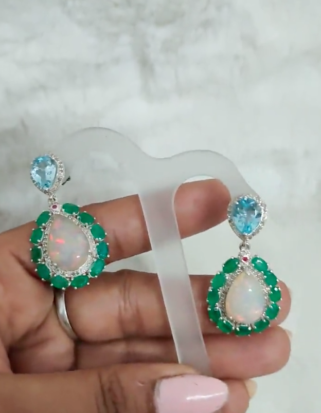 925 Silver Ethiopia Opal Emerald Earrings - Amrrutam Jewellery