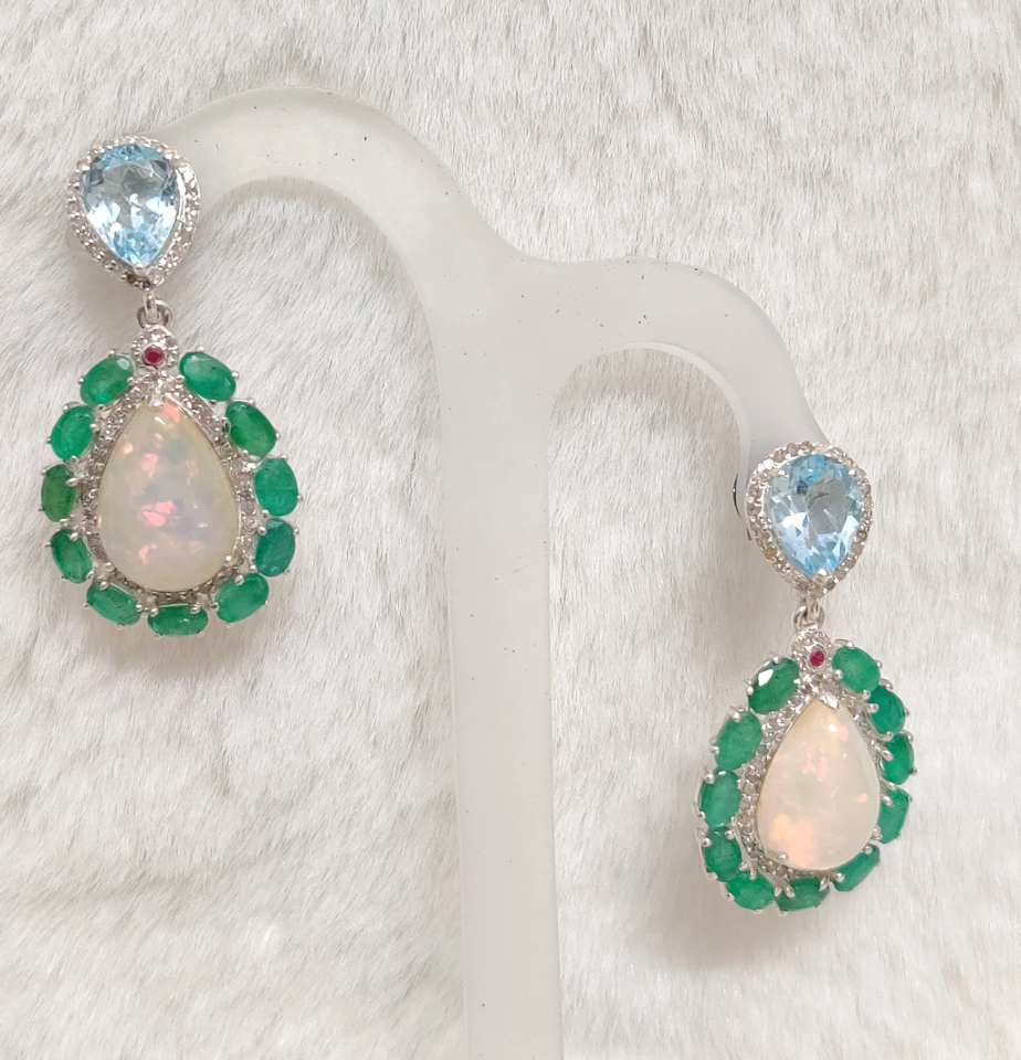 925 Silver Ethiopia Opal Emerald Earrings - Amrrutam Jewellery