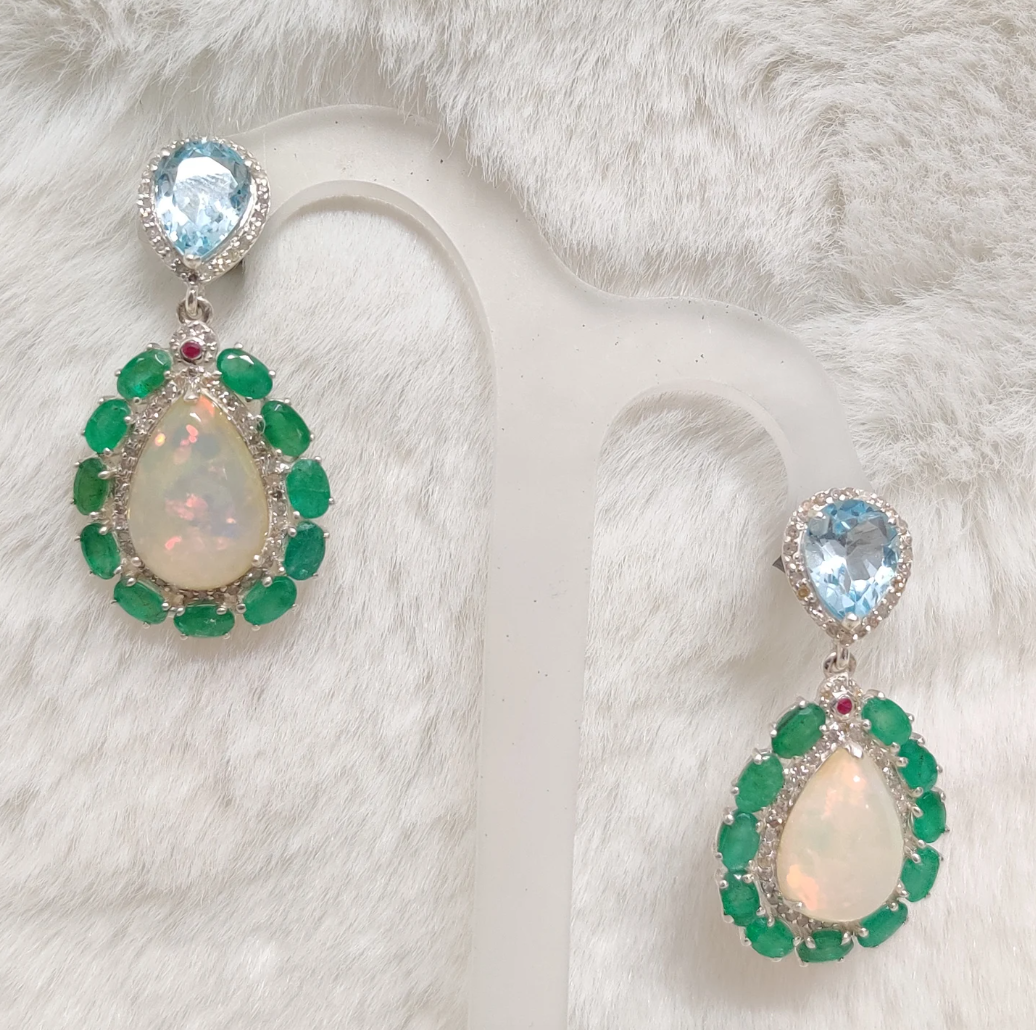 925 Silver Ethiopia Opal Emerald Earrings - Amrrutam Jewellery