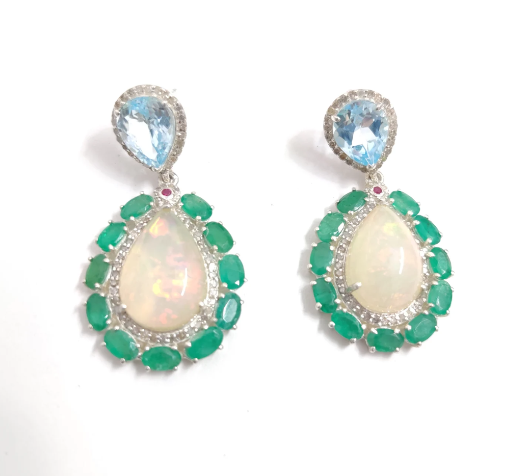 925 Silver Ethiopia Opal Emerald Earrings - Amrrutam Jewellery