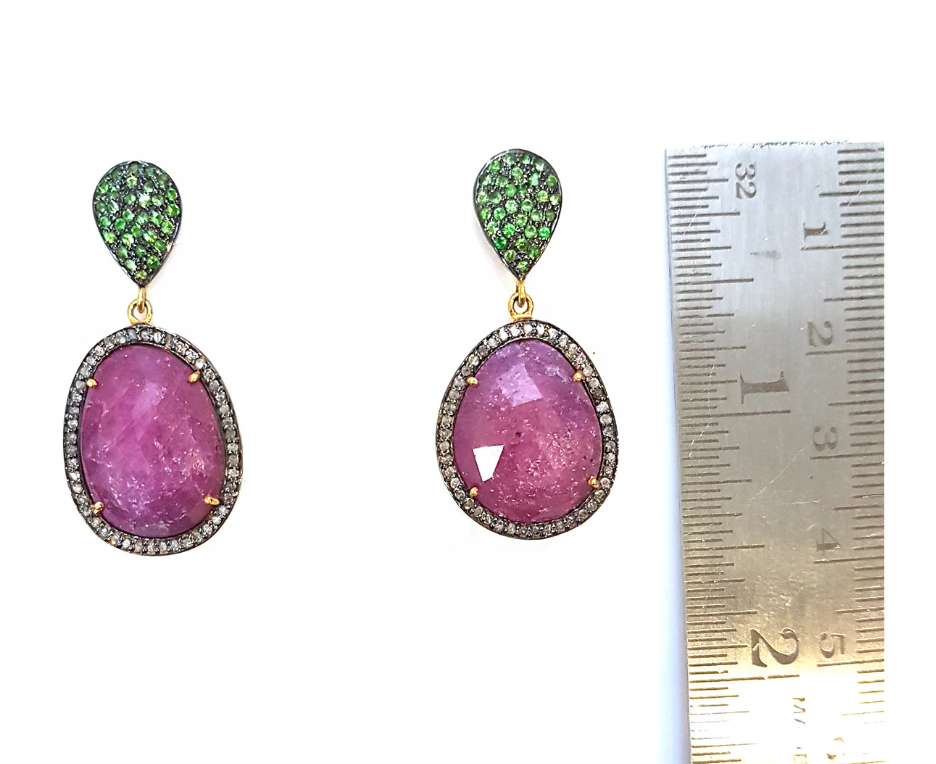 925 Silver Tsavorite & Ruby Vintage Earring