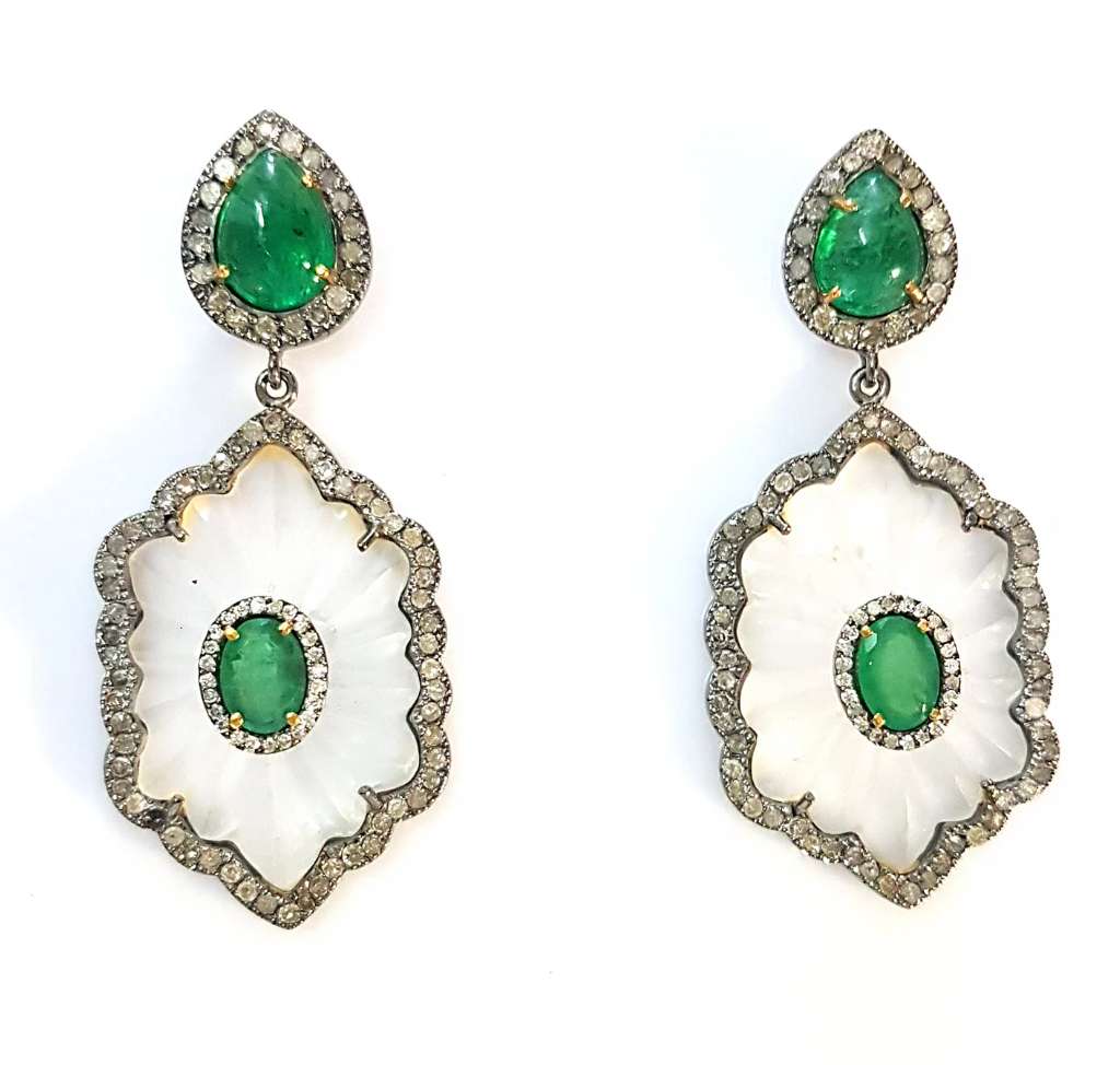 925 Silver Matte Crystal & Emerald Earring - Amrrutam Jewellery