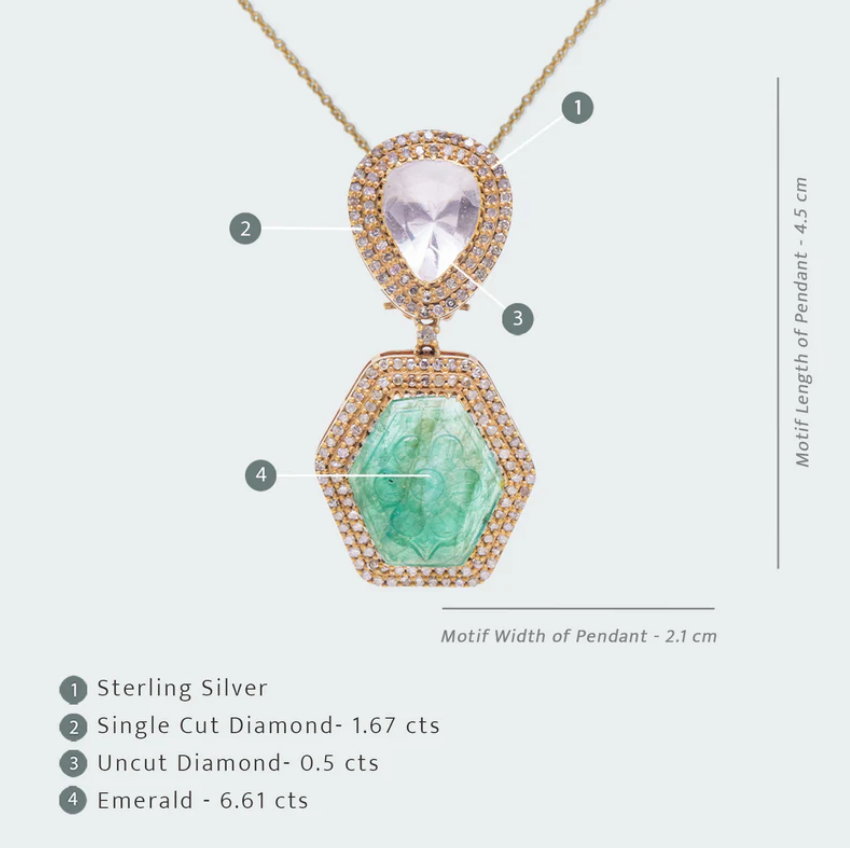 925 Silver Emerald Uncut Diamond Pendant Necklace - Amrrutam Jewellery