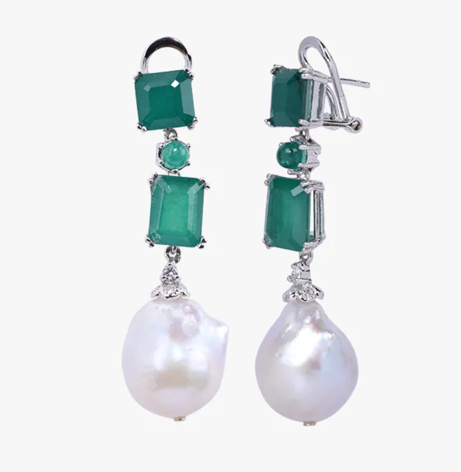 925 Silver Emerald And Baroque Pearl Drop Earring - Amrrutam Jewellery