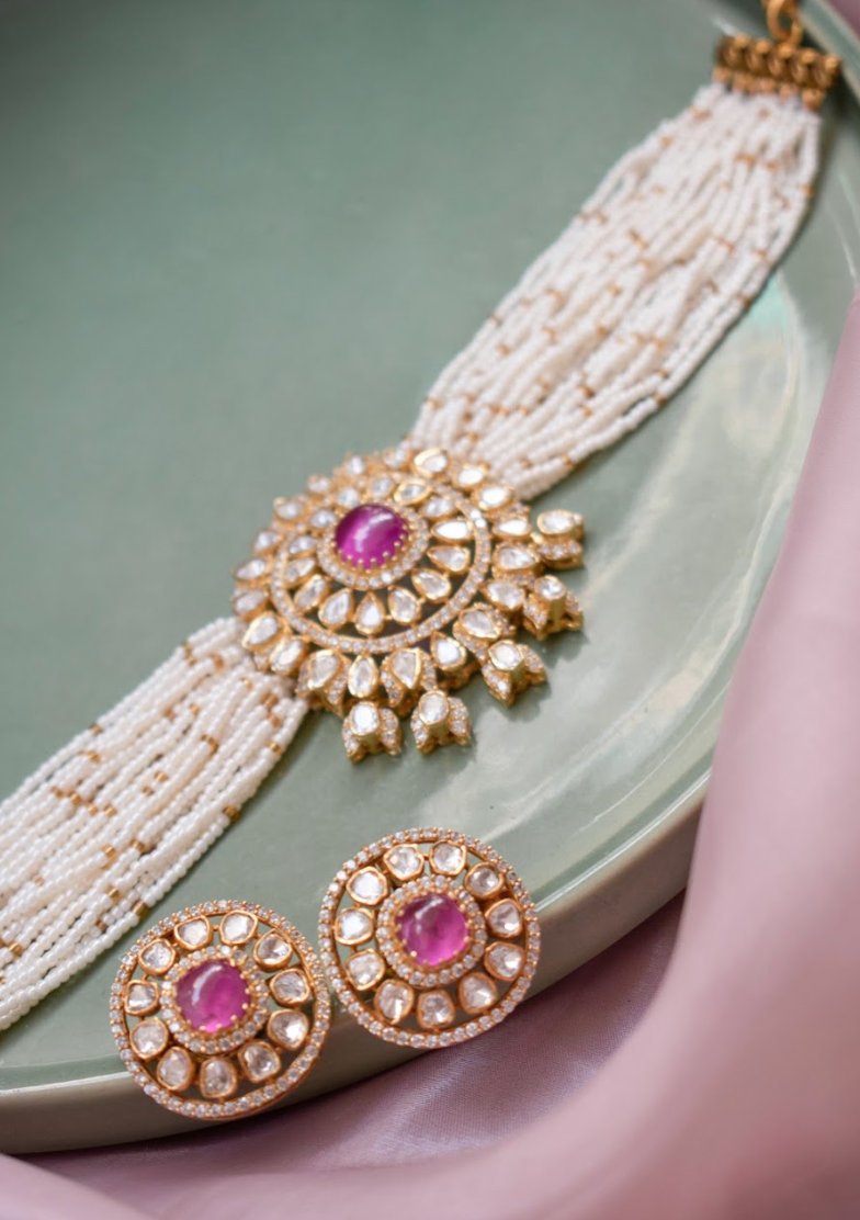 925 Silver Agastya Polki Choker Necklace Set - Amrrutam Jewellery