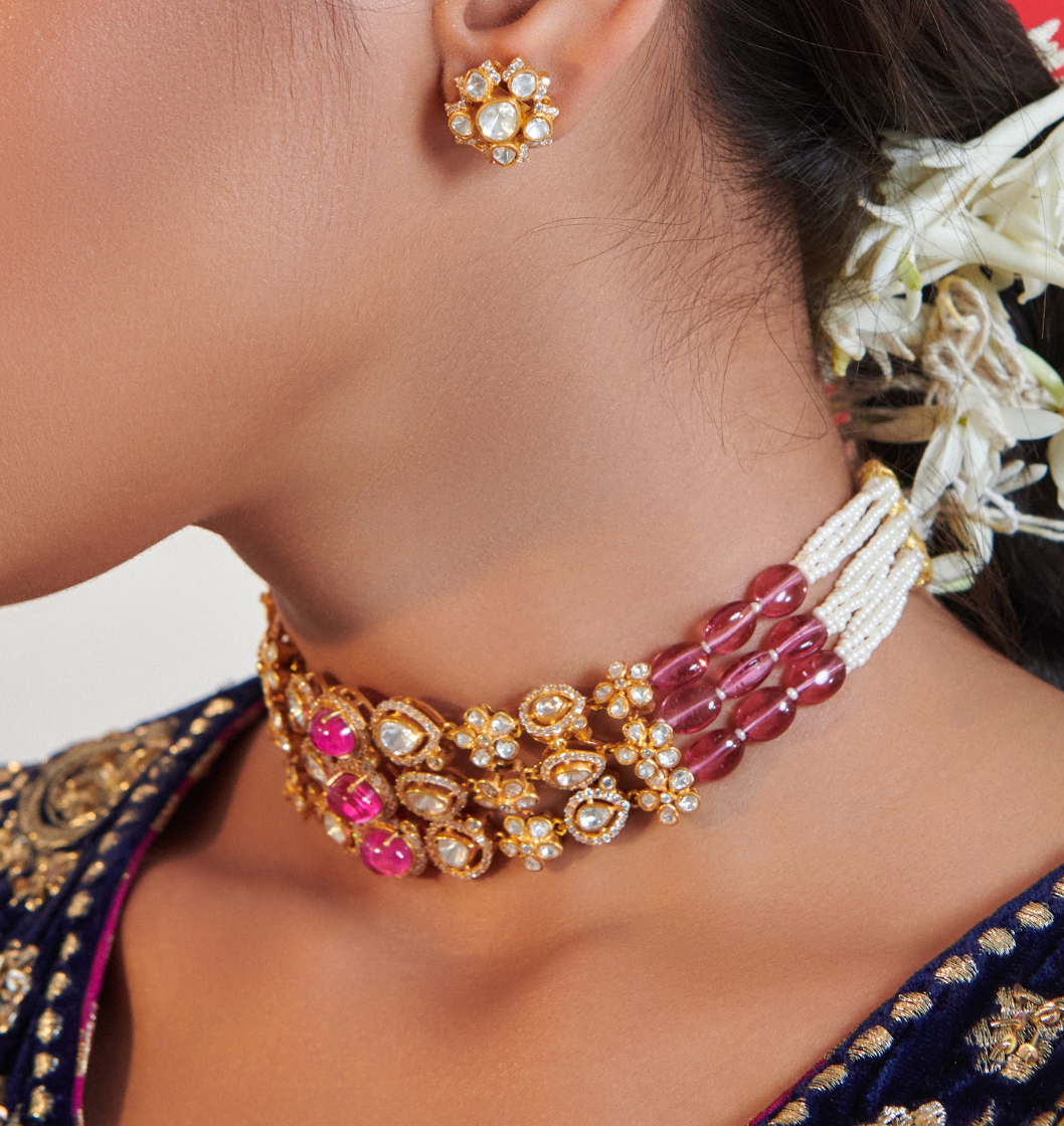 925 Silver Bijou Blush Polki Choker Necklace Set - Amrrutam Jewellery