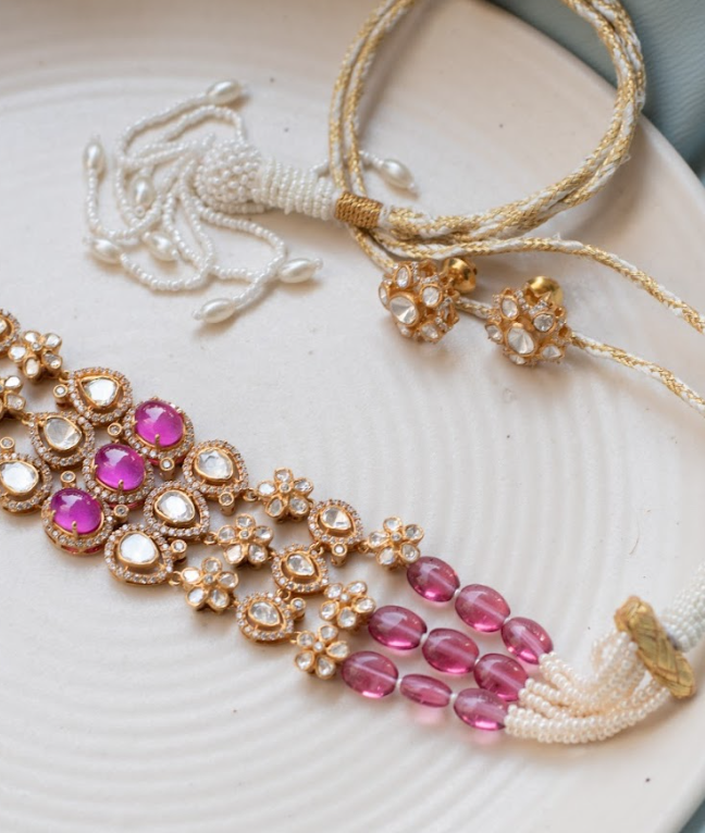 925 Silver Bijou Blush Polki Choker Necklace Set - Amrrutam Jewellery