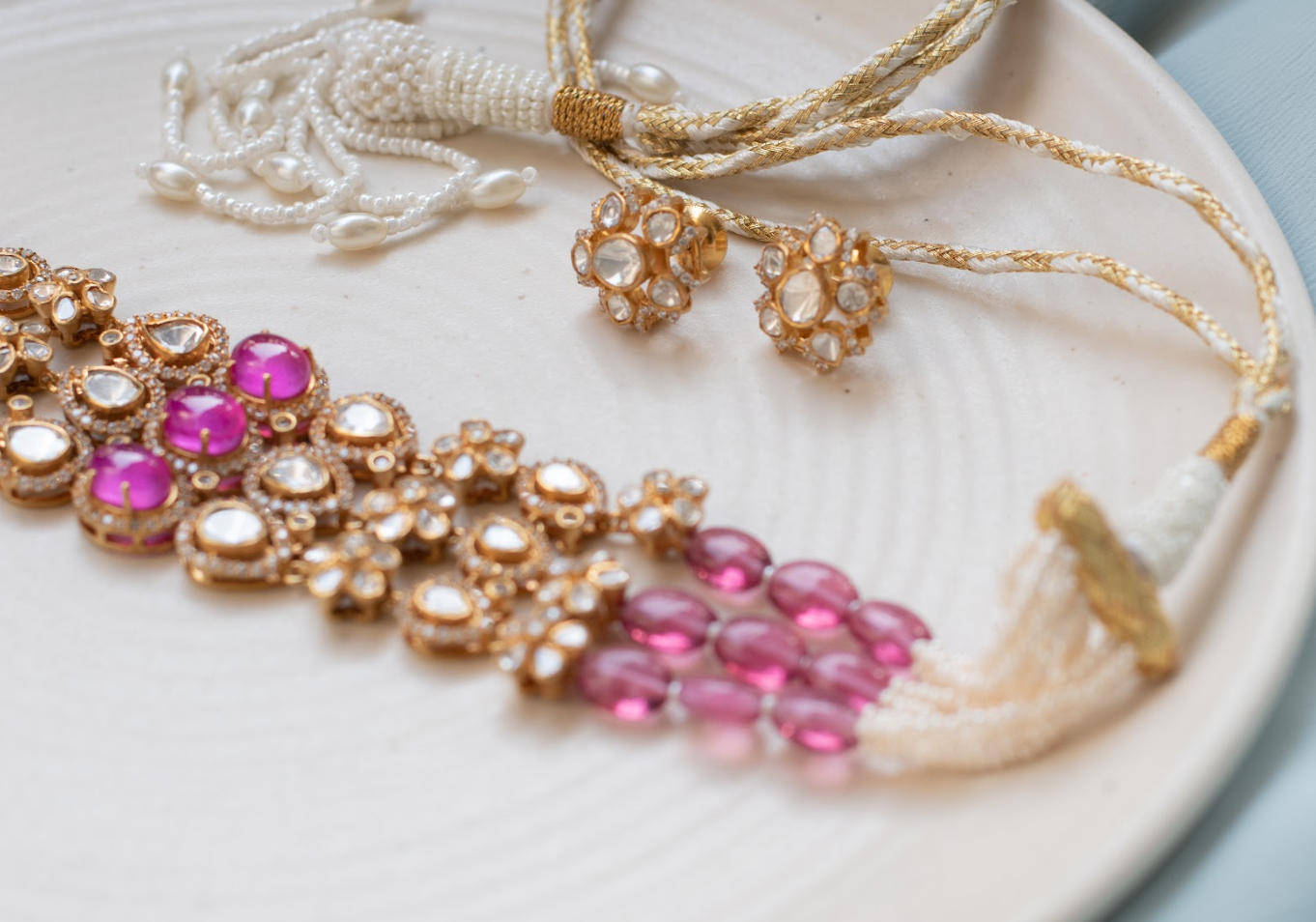 925 Silver Bijou Blush Polki Choker Necklace Set - Amrrutam Jewellery