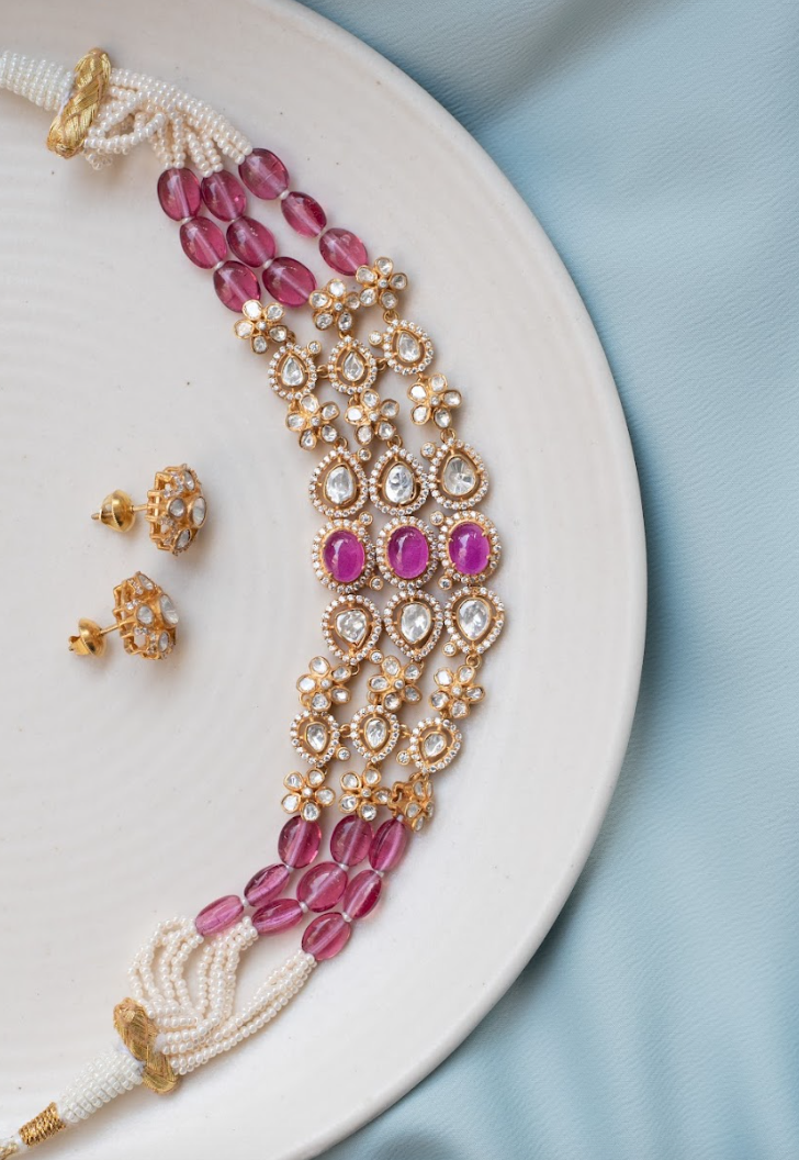 925 Silver Bijou Blush Polki Choker Necklace Set - Amrrutam Jewellery