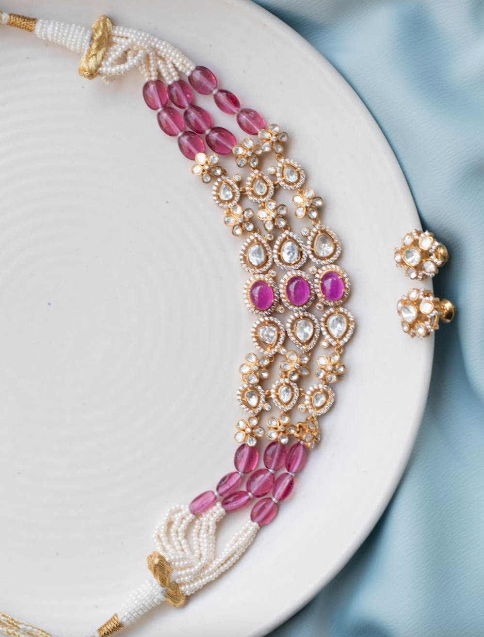 925 Silver Bijou Blush Polki Choker Necklace Set - Amrrutam Jewellery