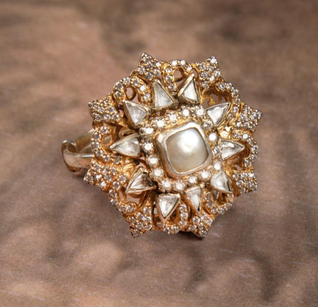 925 Silver Heeramandi Floral Polki Ring - Amrrutam Jewellery