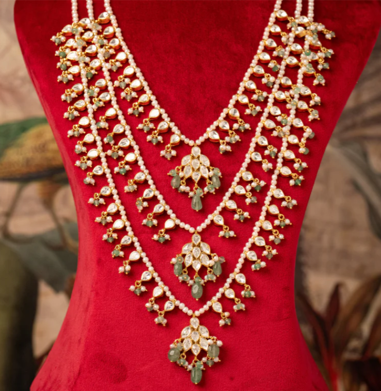 925 Silver Vimana Three Layer Polki Bridal Necklace (Teenlada) - Amrrutam Jewellery