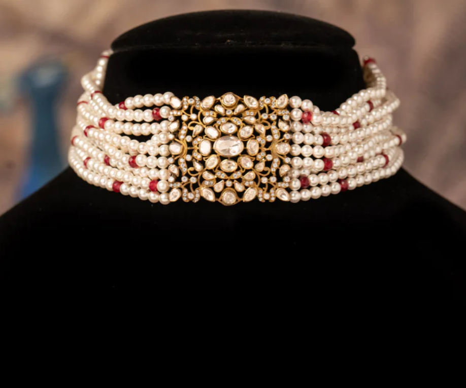 925 Silver Nazal Polki Choker Necklace - Amrrutam Jewellery