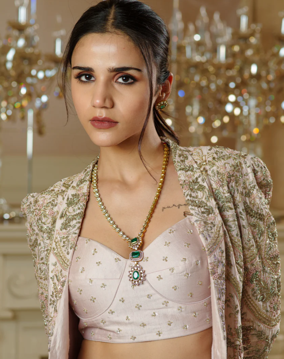 925 Silver Kiana Emerald Polki Necklace - Amrrutam Jewellery