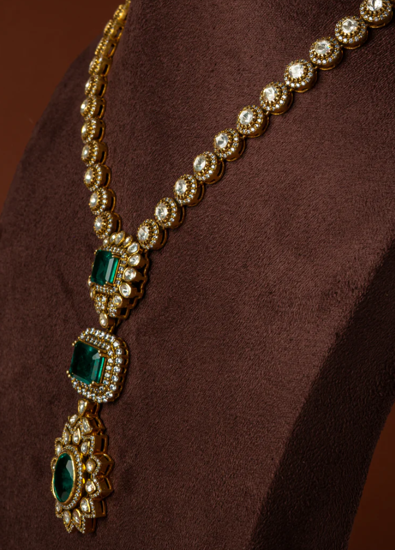 925 Silver Kiana Emerald Polki Necklace - Amrrutam Jewellery