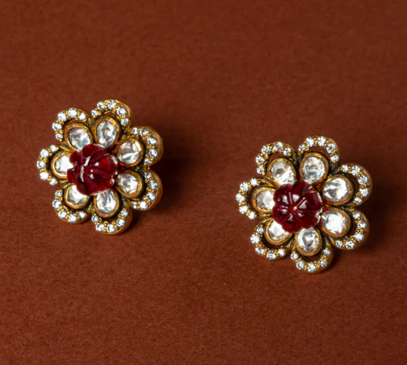 925 Silver Floral Polki Ruby Studs - Amrrutam Jewellery