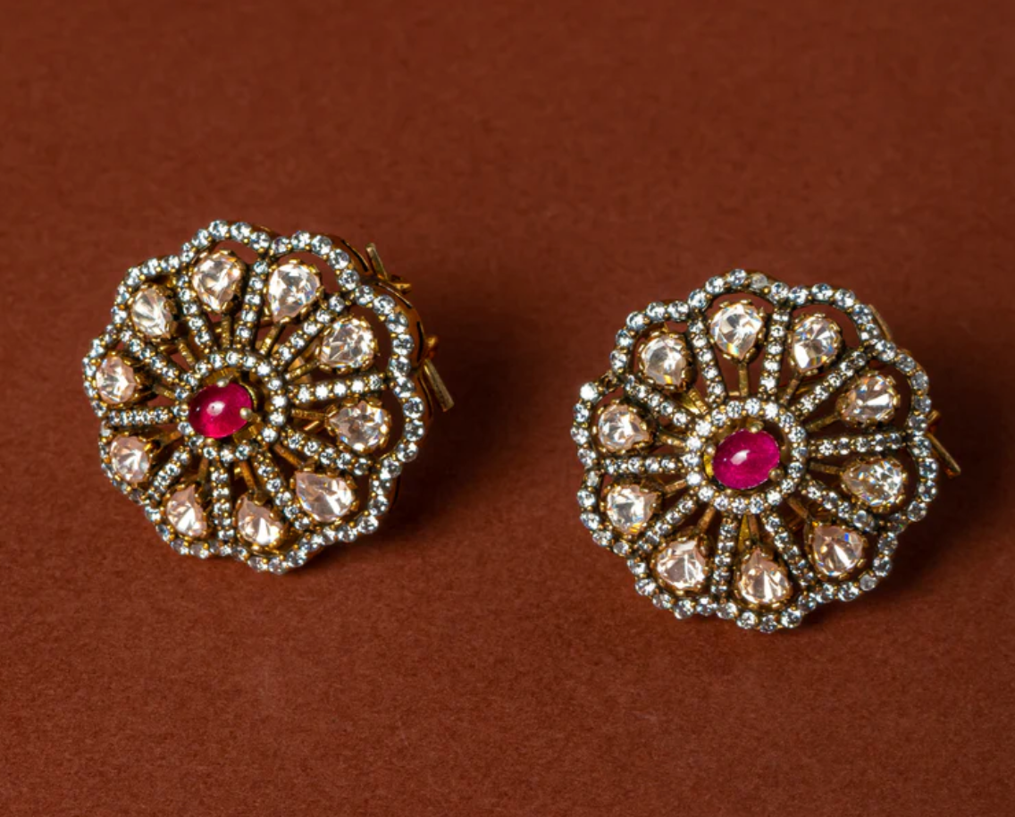 925 Silver Prakar Polki Ruby Studs - Amrrutam Jewellery